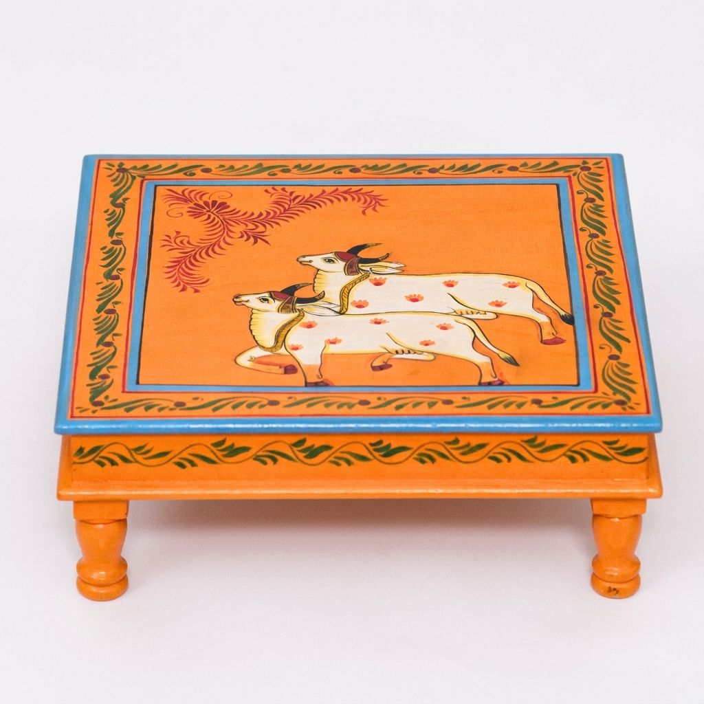 Hand painted pichwai art orange color chowki / Bajot view 2