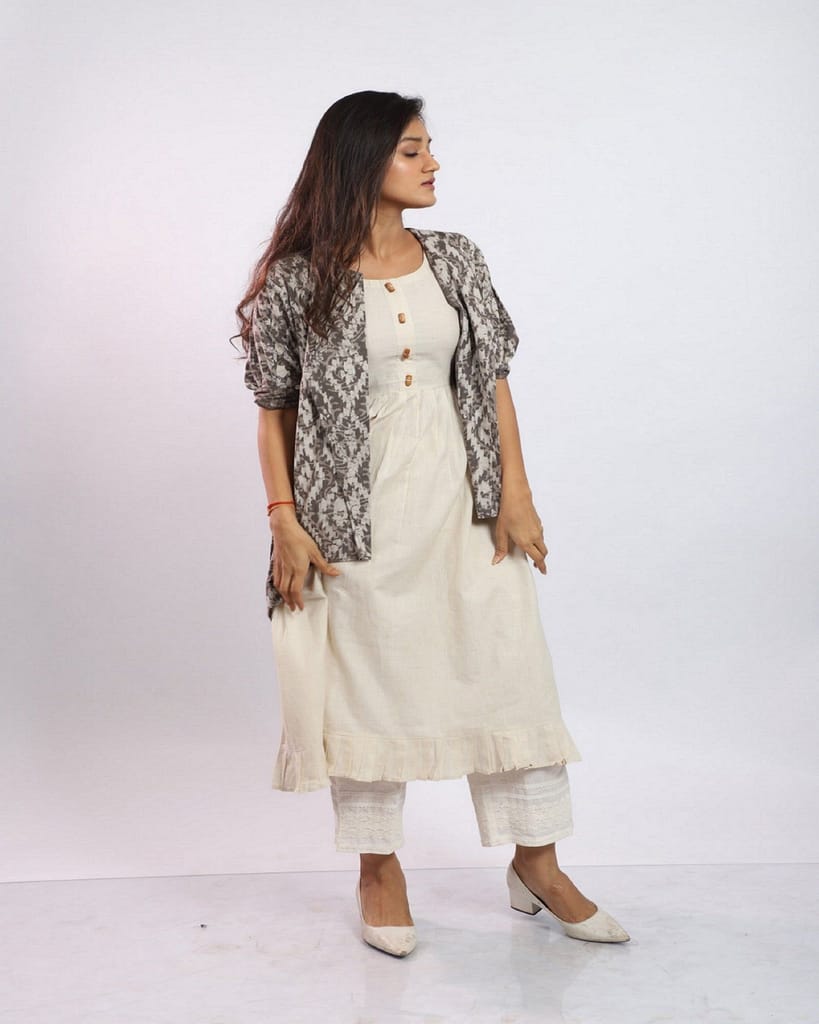 Off White Morning Glory Dress with Batik Printed Cotton Overlay view 2