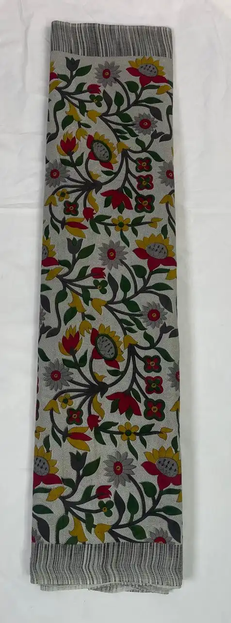 Madhubani Print Cotton Saree Gray Multicolour Floral view 2