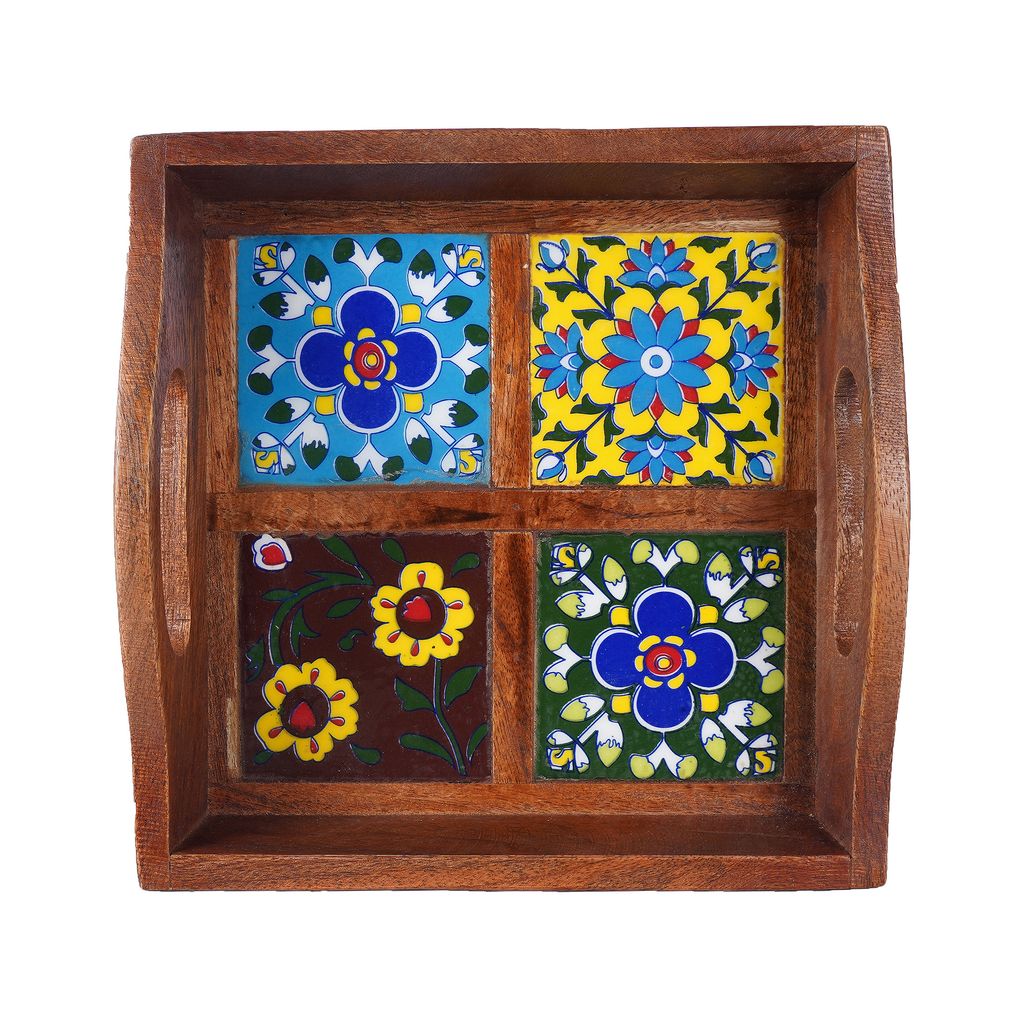 Tribes India Blue Pottery Wooden Serving Tray 20X20 view 2