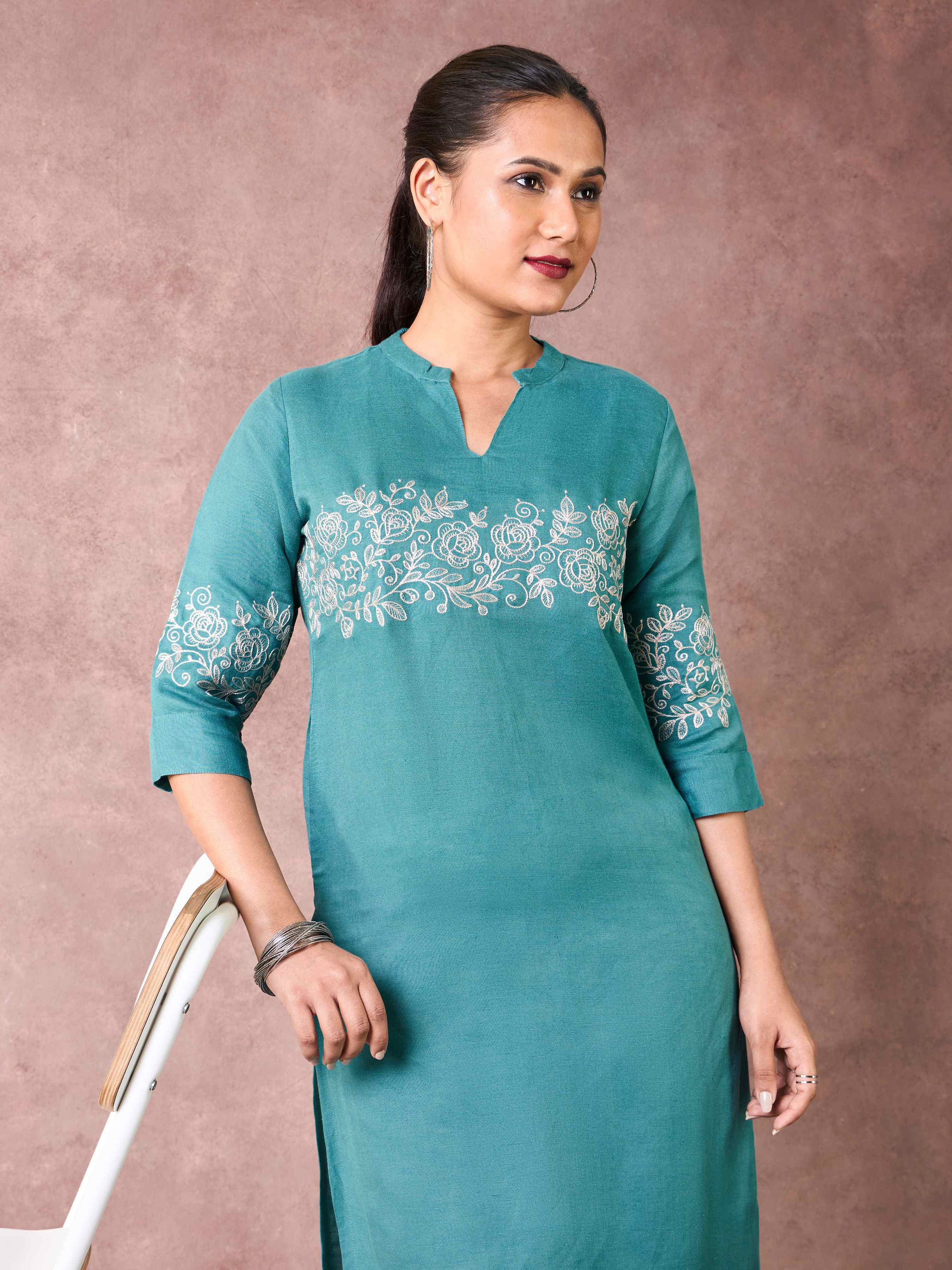 Teal Blue Viscose Linen Kurti & Bottom With Embroidery view 2