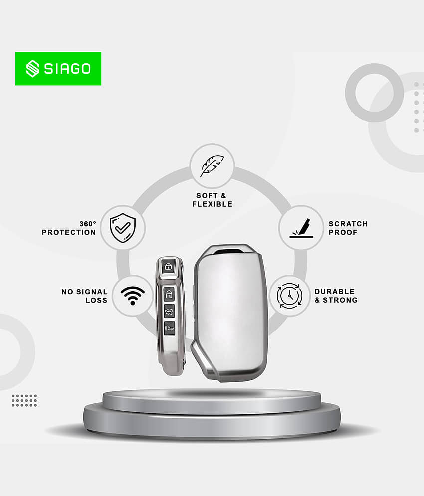SIAGO TPU Key Cover and Metal Keychain Compatible for Kia Seltos 2023 Facelift HTX | Carens X Line 4 Button Smart Key (Grey Pack of 1) view 2