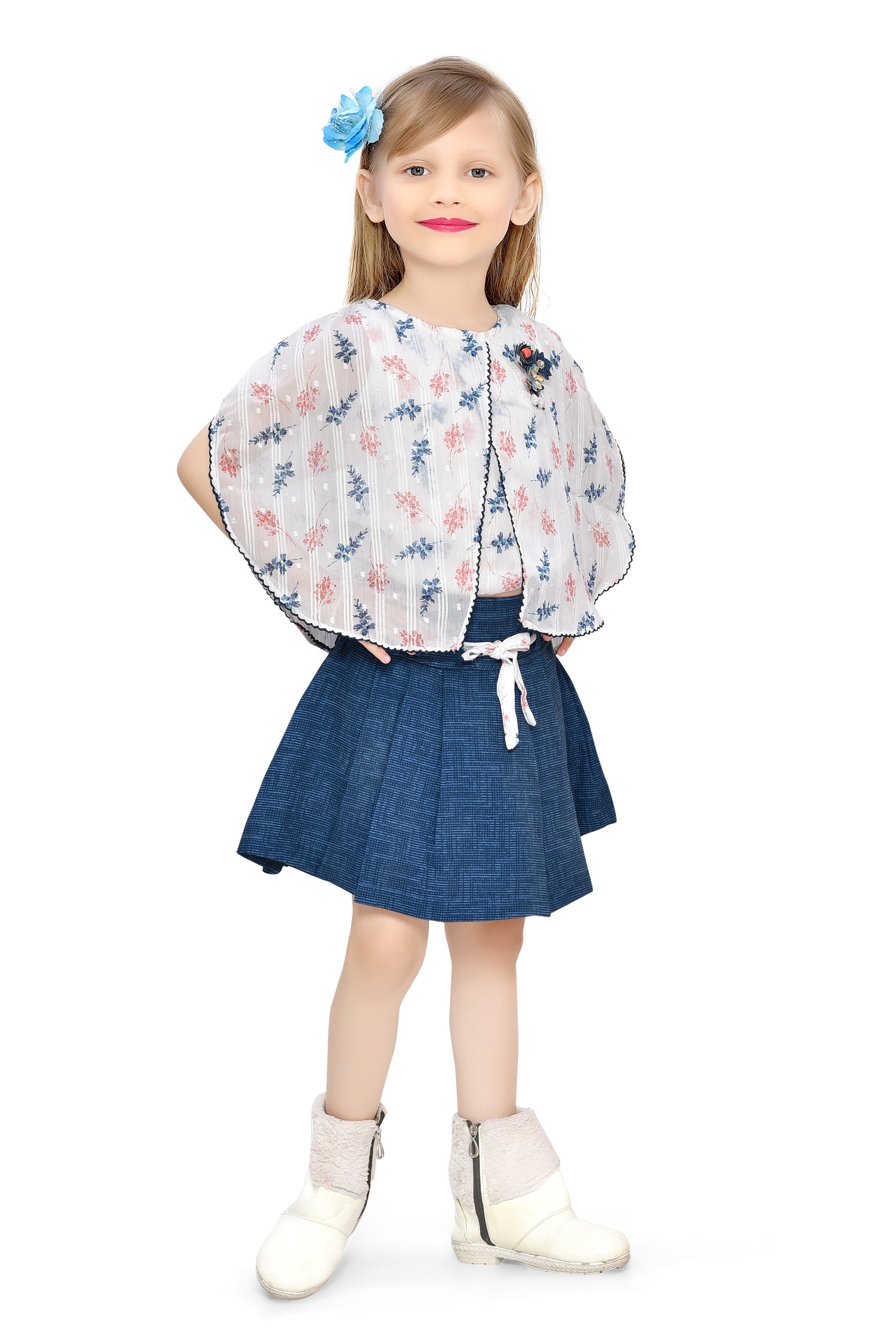 Be:Kids Peach Blossom Breeze Floral Kimono and Denim Color Skirt Set view 2