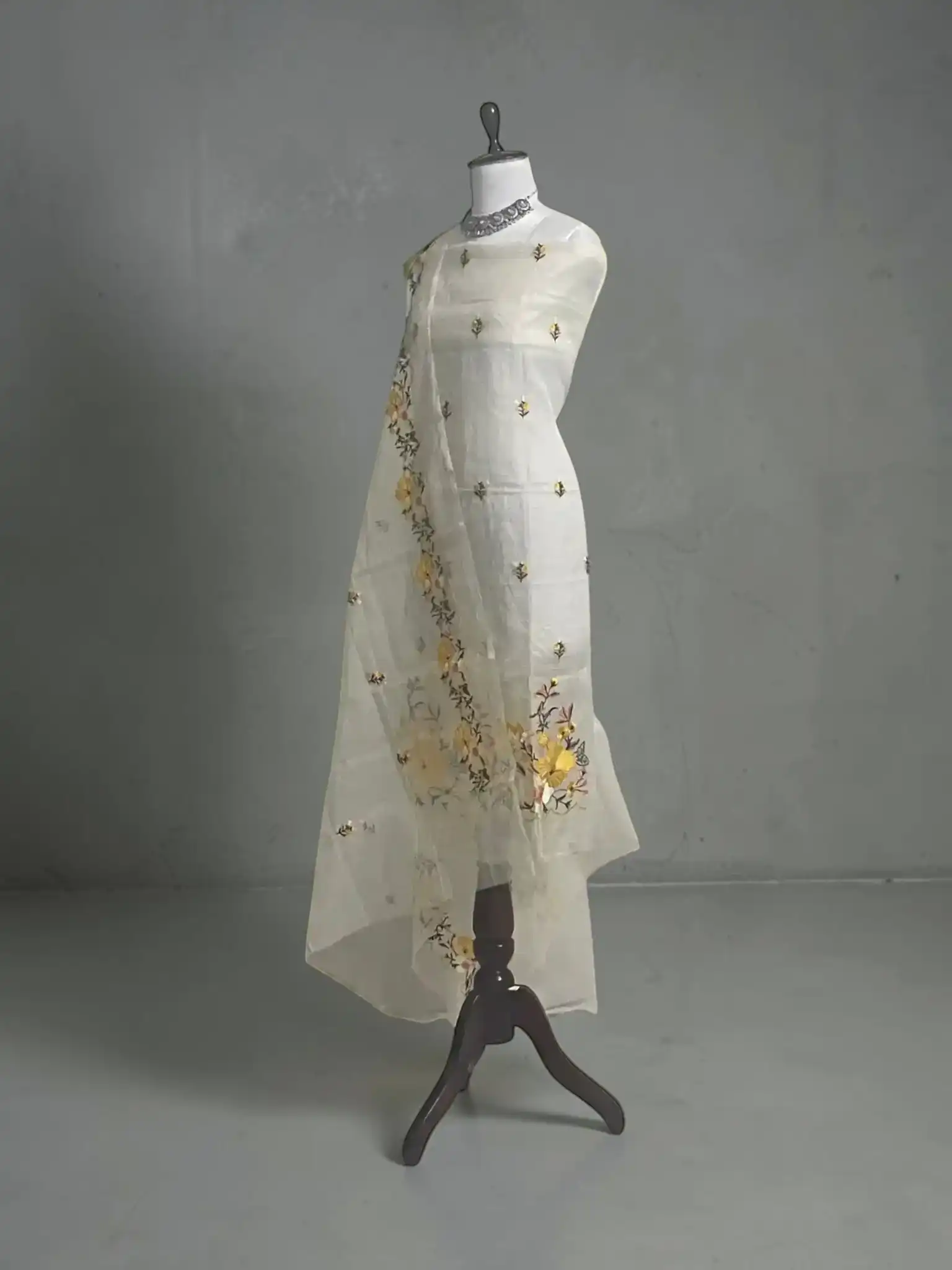 Handwoven Kota Doria Dress Material with Hand-Embroidered Floral Motifs view 2