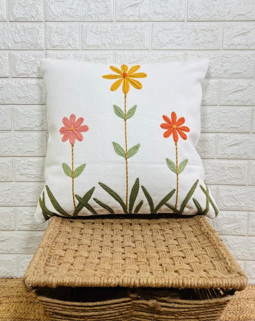 Indihomecraft Handicraft Cotton Cushion Cover - Hand Stitched Embroidery Decorative Art Boho Pillow Flower Printed Pillow Cover | Square Shape 18X18 Inches Cushion Cover, Set of 1 view 2