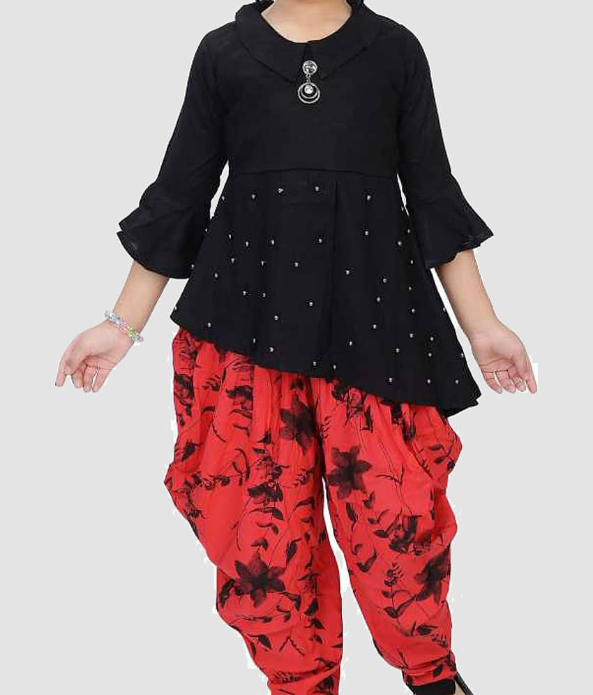 9stiches - Red Rayon Girls Top With Dhoti ( Pack of 1 ) view 2