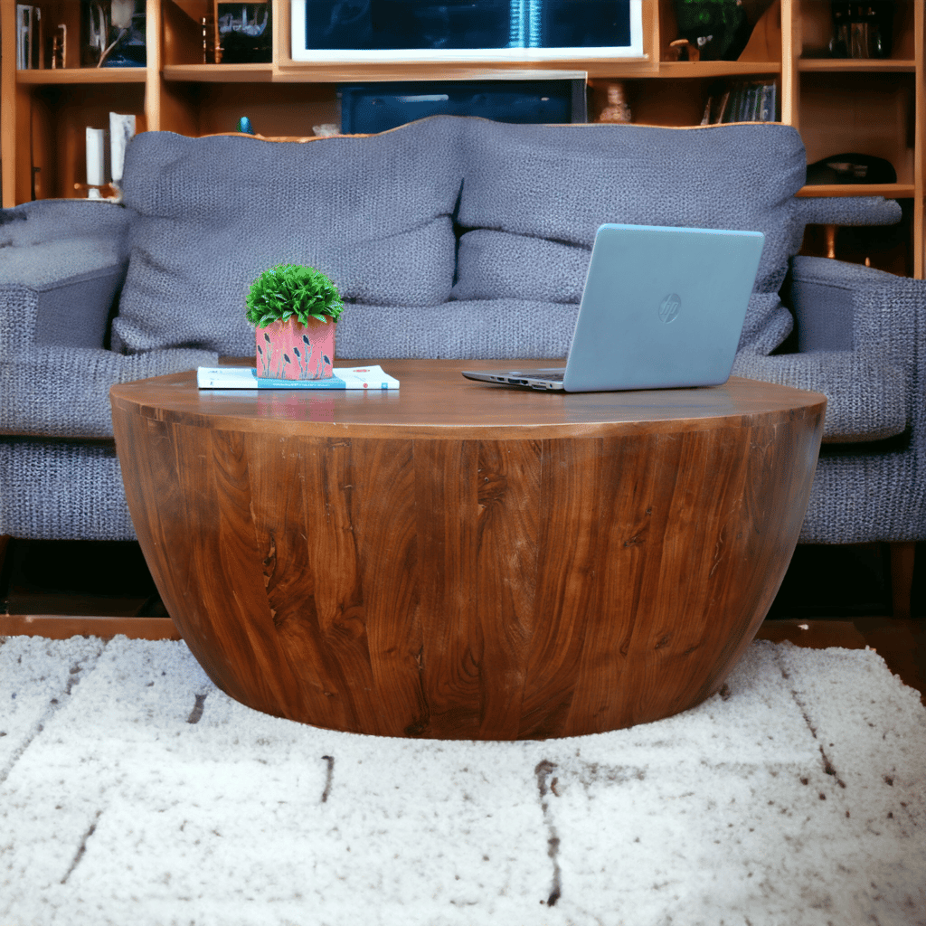 Round Wooden Drum Coffee Table Set 1 view 2
