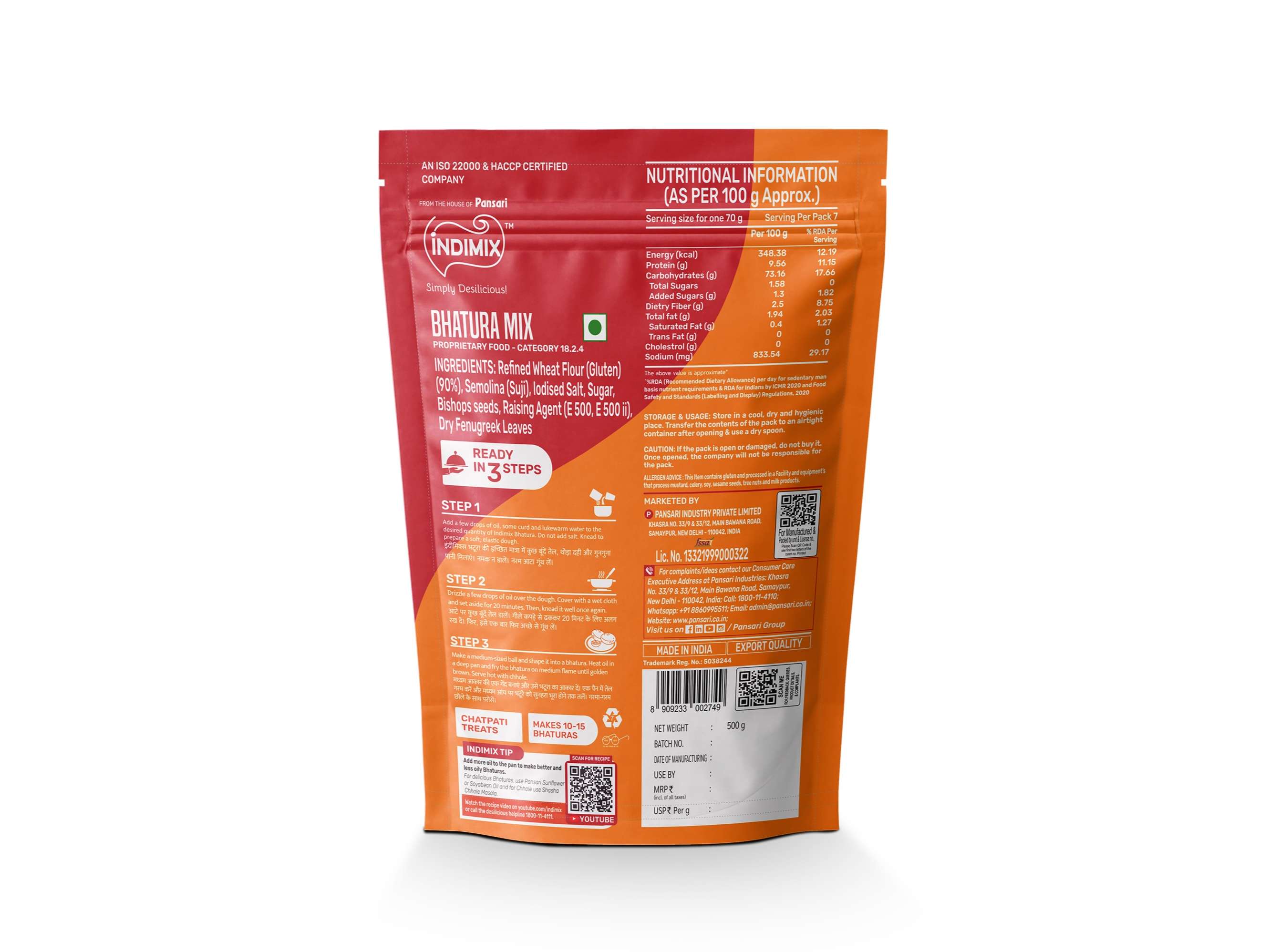 INDIMIX Instant Ready to Cook Bhatura Mix Atta Ready In 3 Steps, Healthy & Tasty 500g - Pack of 2 view 2