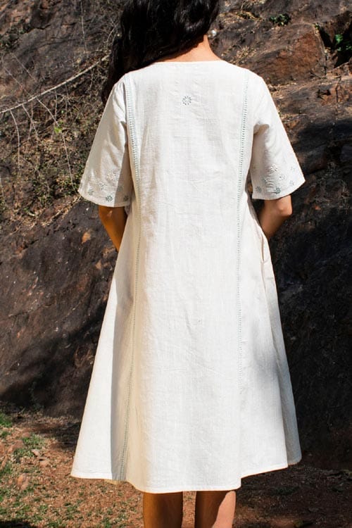 Avani Chikankari Off White Pure Cotton V Neck Dress view 2
