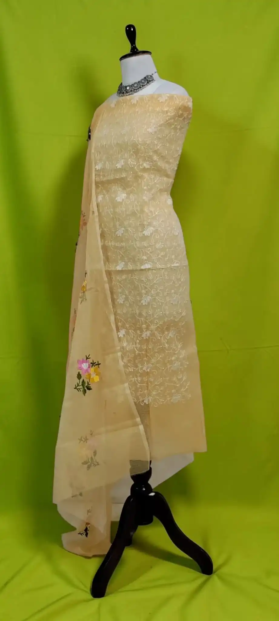 Kota Doria Cotton-Silk Dress Material with Hand Embroidery, Pale Biscuit view 2
