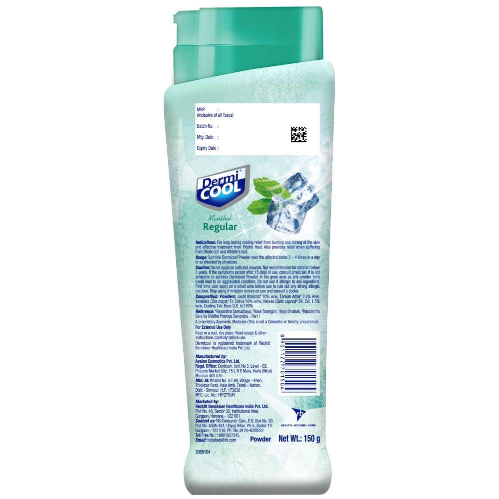 DermiCool Prickly Heat Powder, Menthol Regular, Pack of 150 g (Free Dettol Cool Soap, 75g Worth Rs 30) view 2