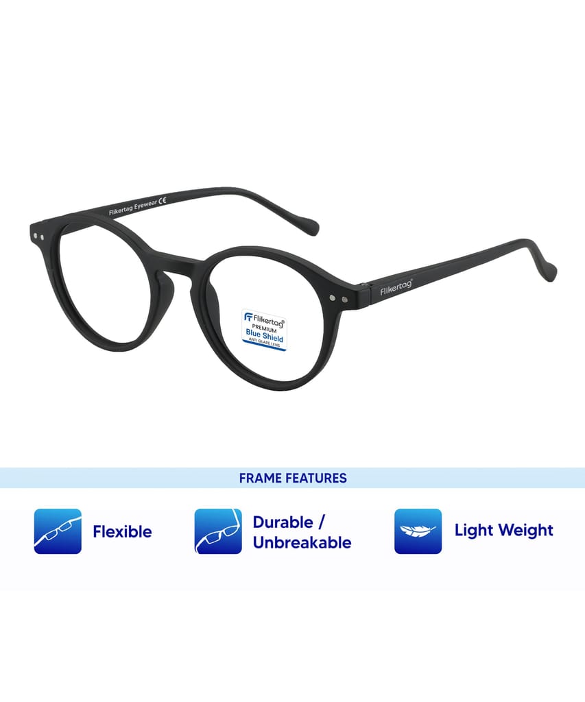 Flikertag Blue Cut Computer Glasses for Eye Protection | Zero Power Blue Light Filter Glasses With UV Protection | Anti Glare Specs for Men & Women [FTF565 F1 Round Matte Black Frame, 50mm] view 2