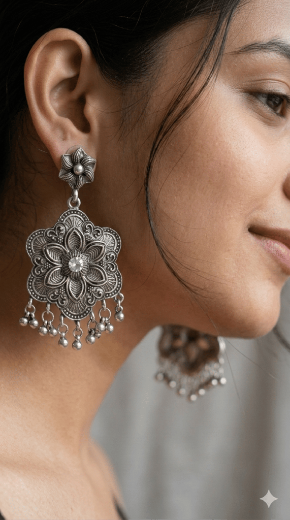 Ethnic Oxidized Silver Floral Statement Earrings with Ghungroo Drops