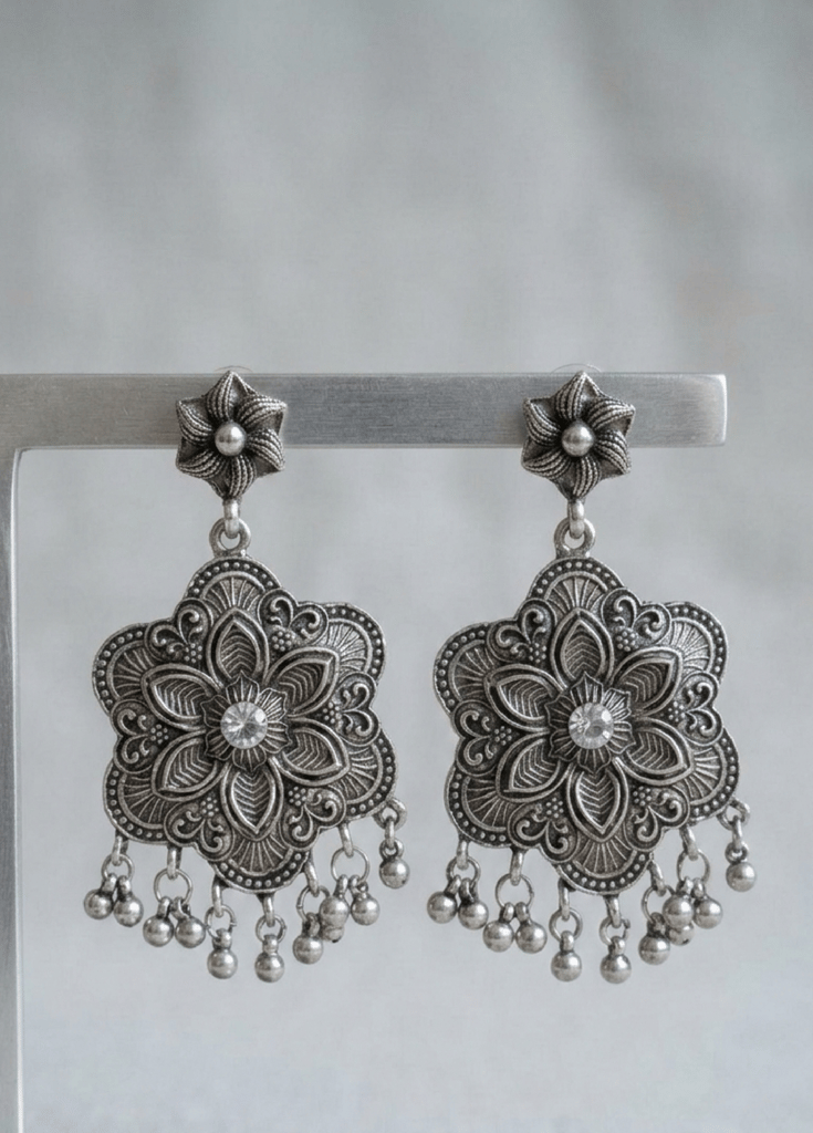 Ethnic Oxidized Silver Floral Statement Earrings with Ghungroo Drops view 2