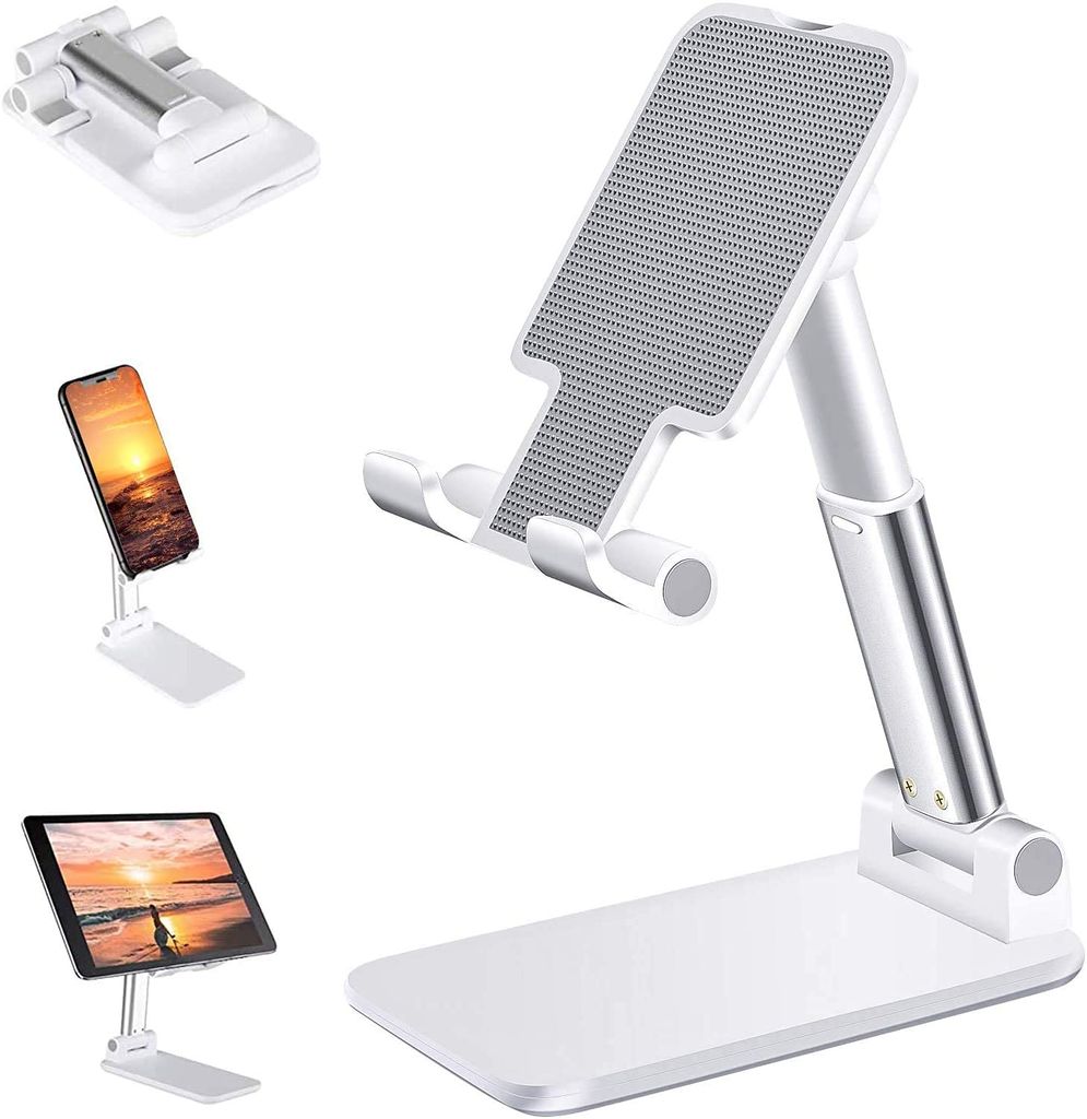 Adjustable Phone and Tablet Stand, Height and Angle Adjustable with Anti-Slip Base, Foldable Design for Devices up to 10.5 Inches, White view 2