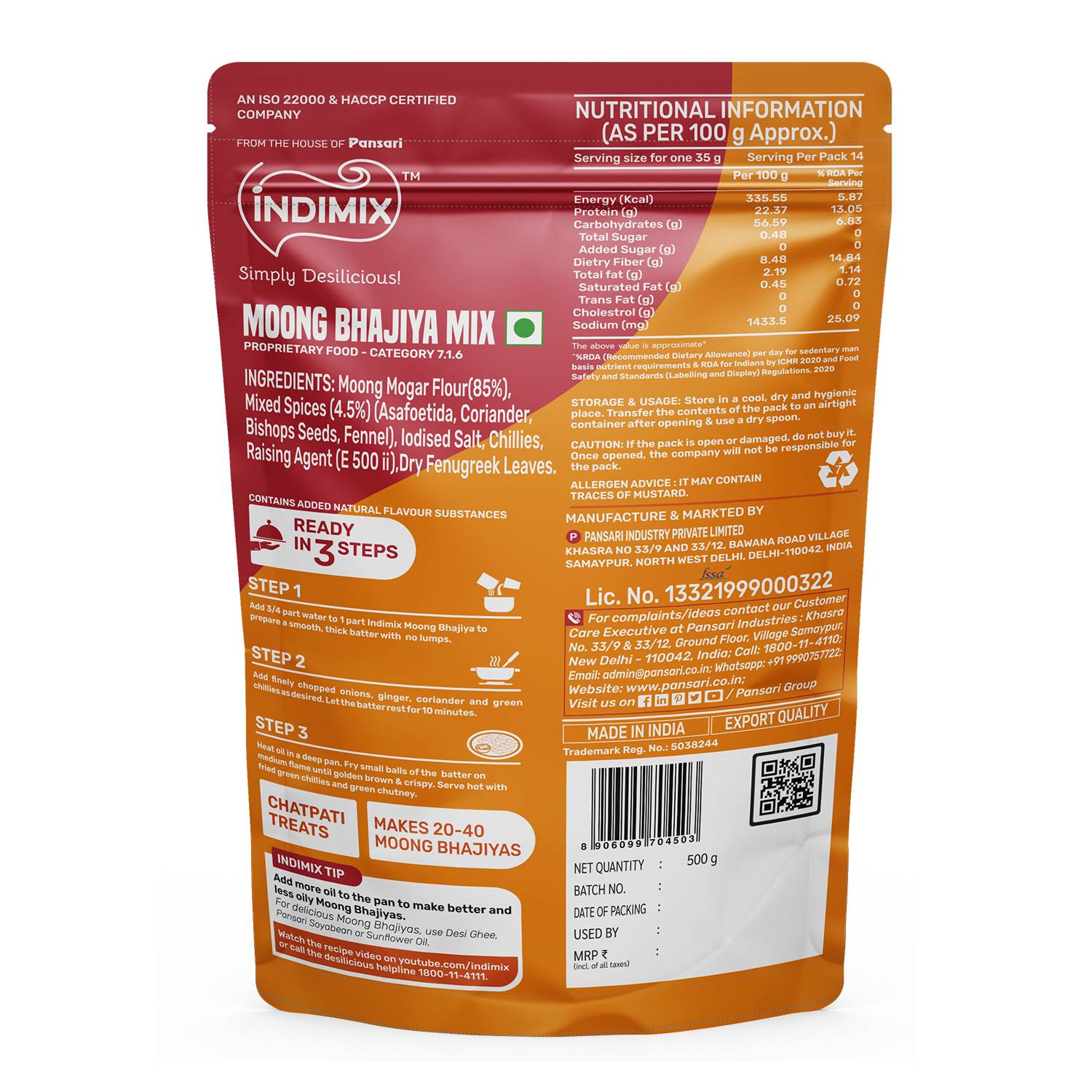 Indimix Ready to Cook Moong Bhajiya Mix - 500gm view 2