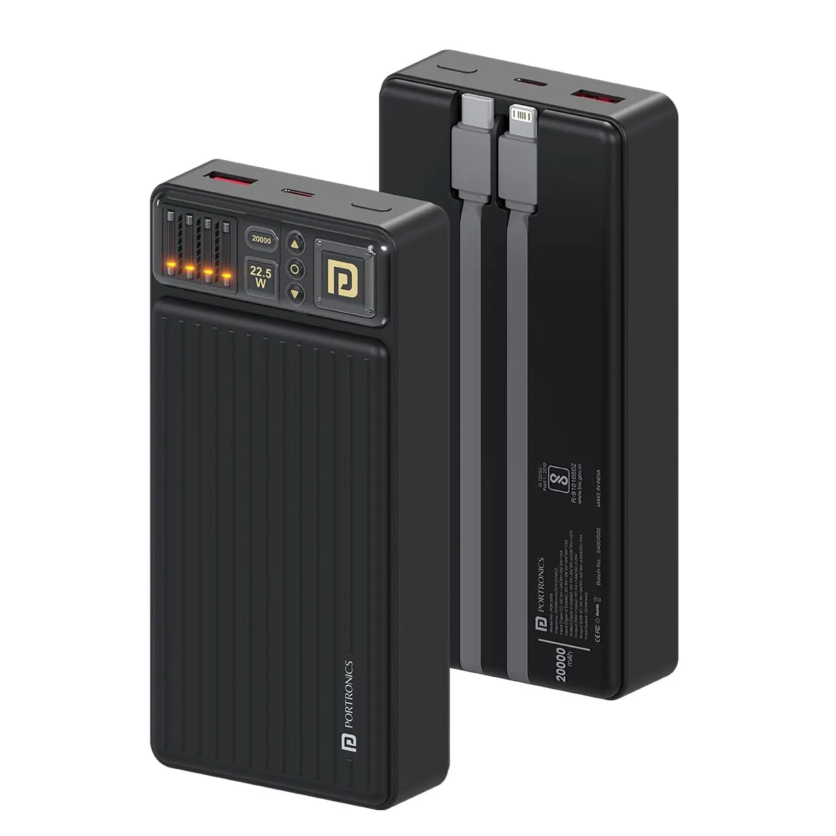 Portronics Luxcell Bind 20K 20000mAh Fast Charging Power Bank with Built-in Type-C PD & 8-Pin Cables | 22.5W Fast Charging | Triple Output | LED Battery Indicator | USB-A Mach Output | BIS Certified | Portable Charger for iPhone, Android, Tablets (Black) view 2