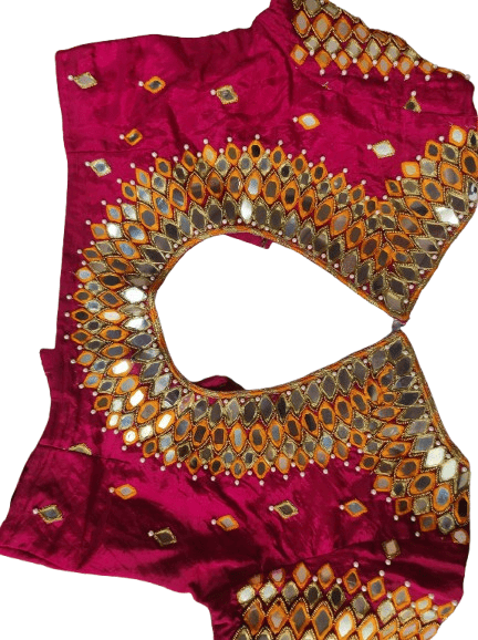 Maroon Velvet Mirror Work Blouse With Elbow Sleeves For Women view 2