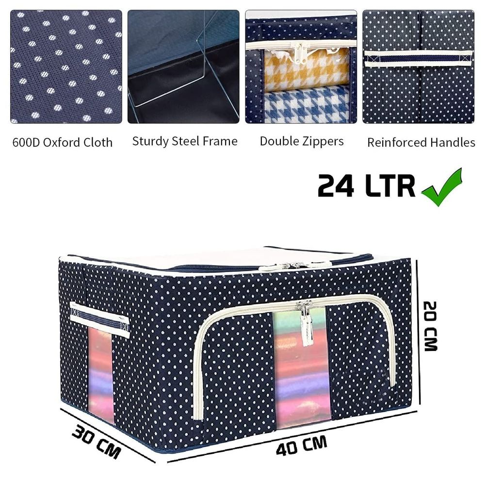 Mehtab Storage Box Frame Clothes | Foldable with Steel Frame | Polka Dots Design | Cover Saree Shirts Blankets Clothes Organiser with Transparent Window Pack Of 1 view 2