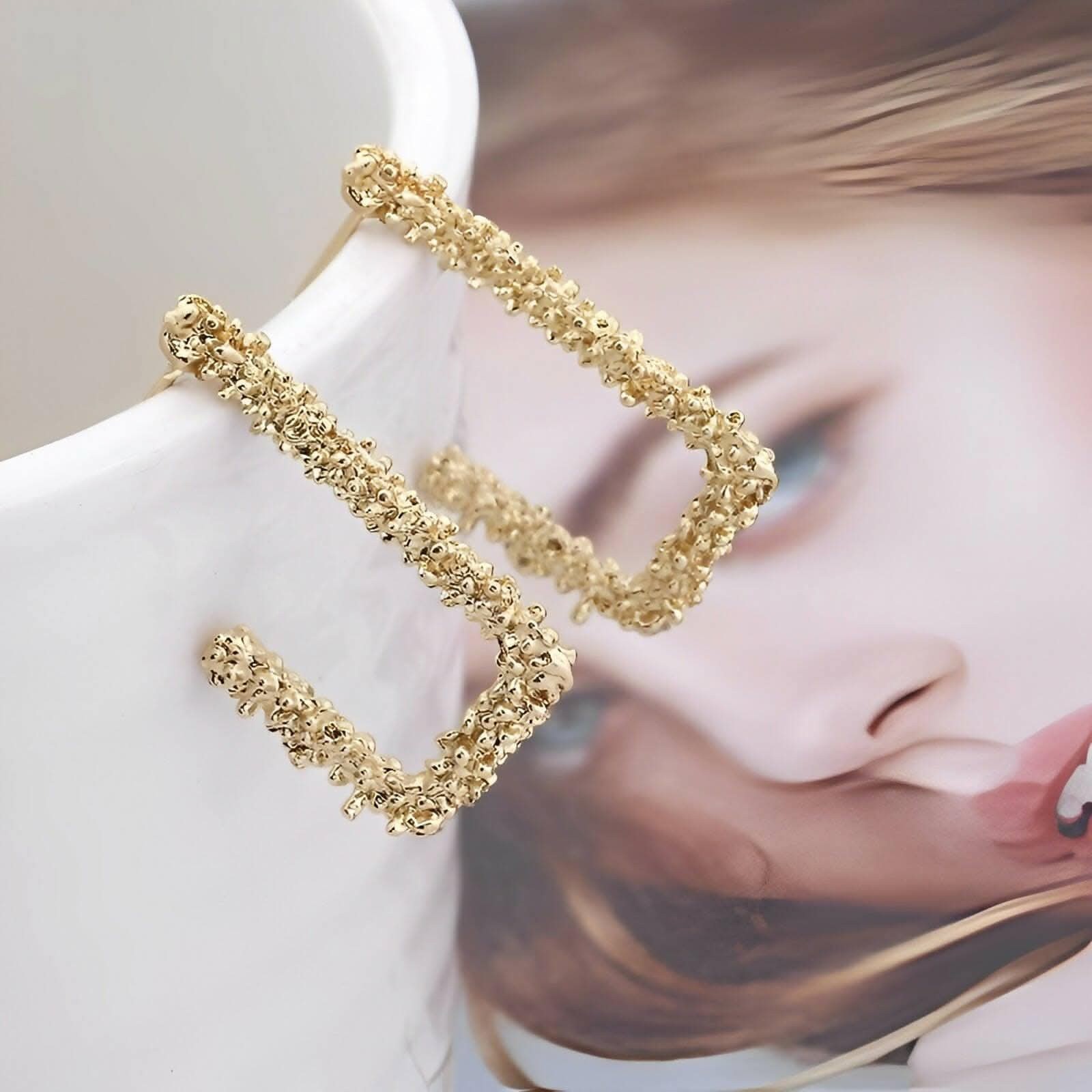 Pinapes Gold Tone Textured Geometric Half Hoop Drop Earrings – Elegant Lightweight Party Jewelry for Women view 2