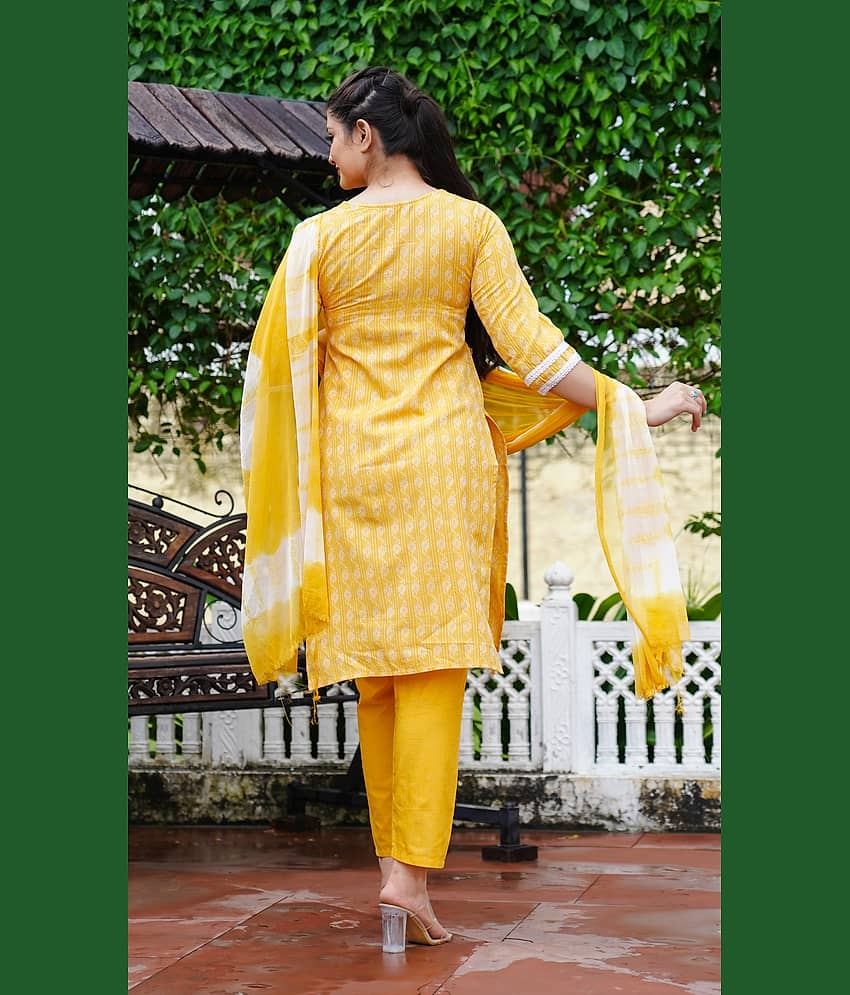 anushansa Cotton Blend Embroidered Kurti With Pants Women's Stitched Salwar Suit - Gold ( Pack of 1 ) view 2