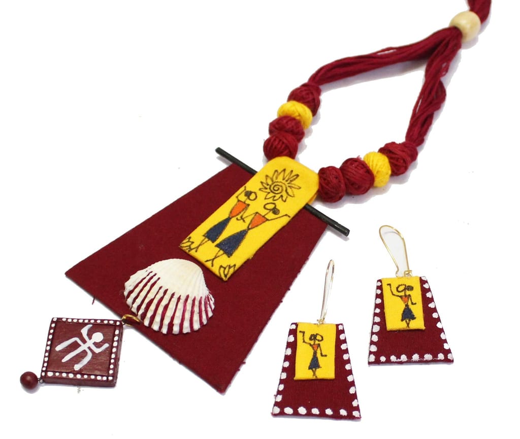 EKAM EK Warli Design with Shell Women's Lightweight Fabric Necklace Earrings Jewelry Set saree suit skirt party wear red color suitable view 2