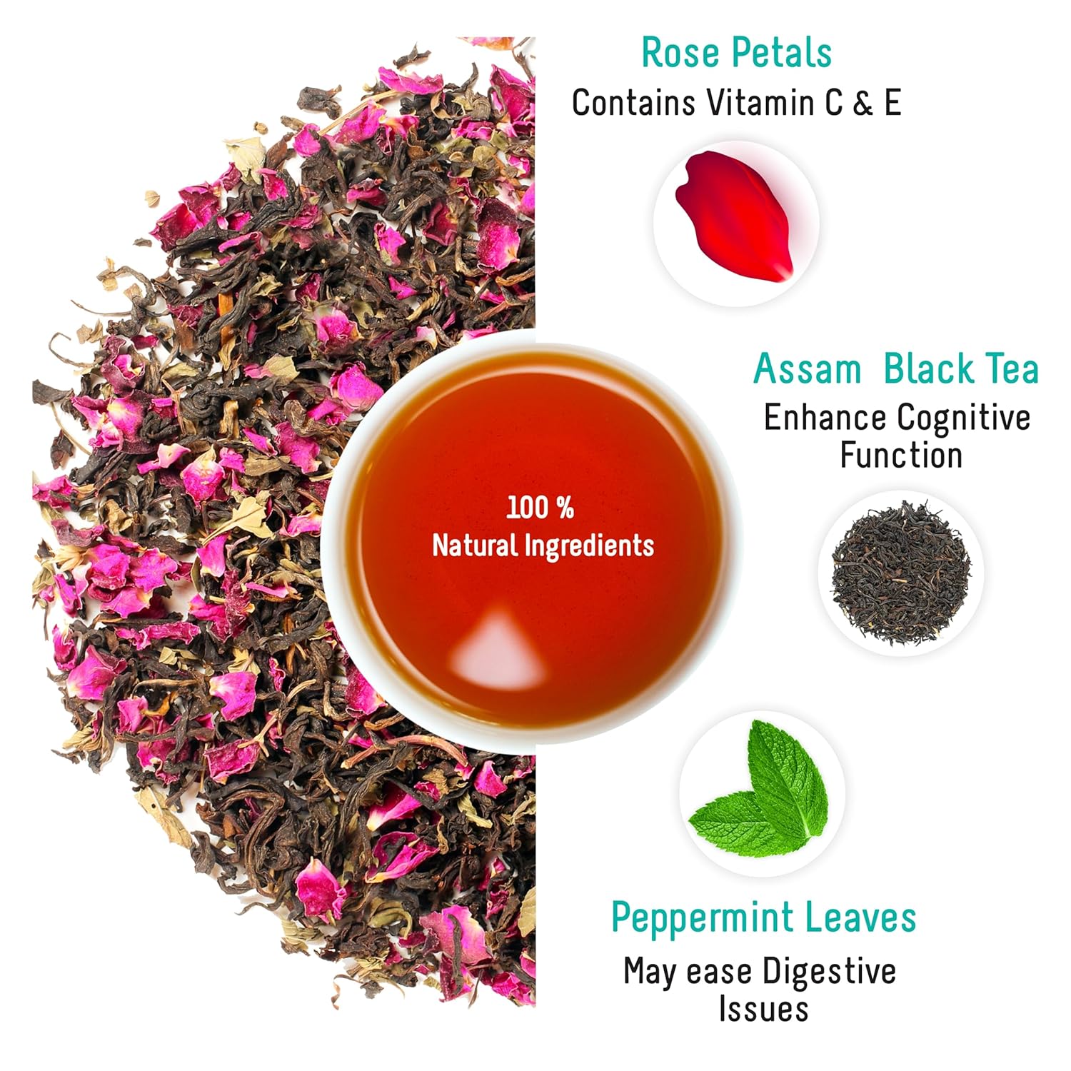 Oh Cha Rose Tea with Mint | Herbal Tea for Weight Loss| Natural Rose Petals and Peppermint Leaves | Low Caffeine Herbal Rose Petal Tea for Healthy Skin & Hair | 100% Whole Leaf Tea, 35 gm view 2