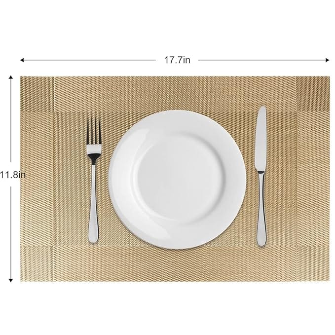 Woven Vinyl Placemats Set of 4, Heat-Resistant Stain-Proof Washable Table Mats for Kitchen Dining Table (12"x18", Gold) view 2