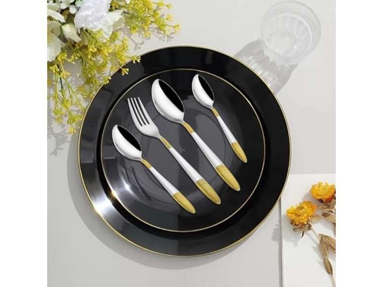 Parage 24 Pieces Premium Stainless Steel Golden Cutlery Set, Home & Kitchen with Gift Box with Leatherite Box (Ivory Design) view 2