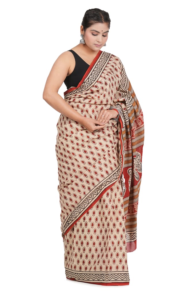 Bagru Handblock Printed Cotton Saree With Blouse - (1TTXSARRJ17106-15) view 2