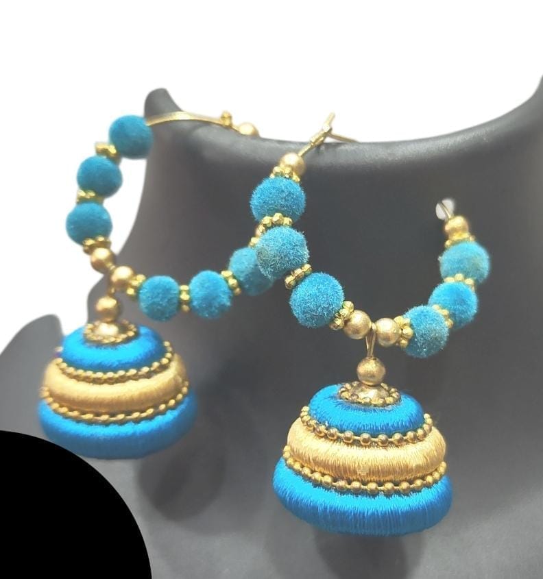 Blue Silk Thread Jhumka Earrings with Golden Beads view 2