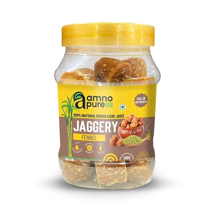 Amno Pure Natural Sugar Cane Jaggery 10G Cube with Fennel Seeds | Cholestrol free, Fat free, Full of Nutrients & 100% Natural- 500G Pet Jar
