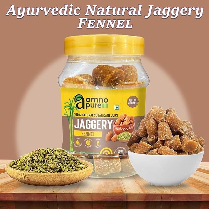 Amno Pure Natural Sugar Cane Jaggery 10G Cube with Fennel Seeds | Cholestrol free, Fat free, Full of Nutrients & 100% Natural- 500G Pet Jar view 2