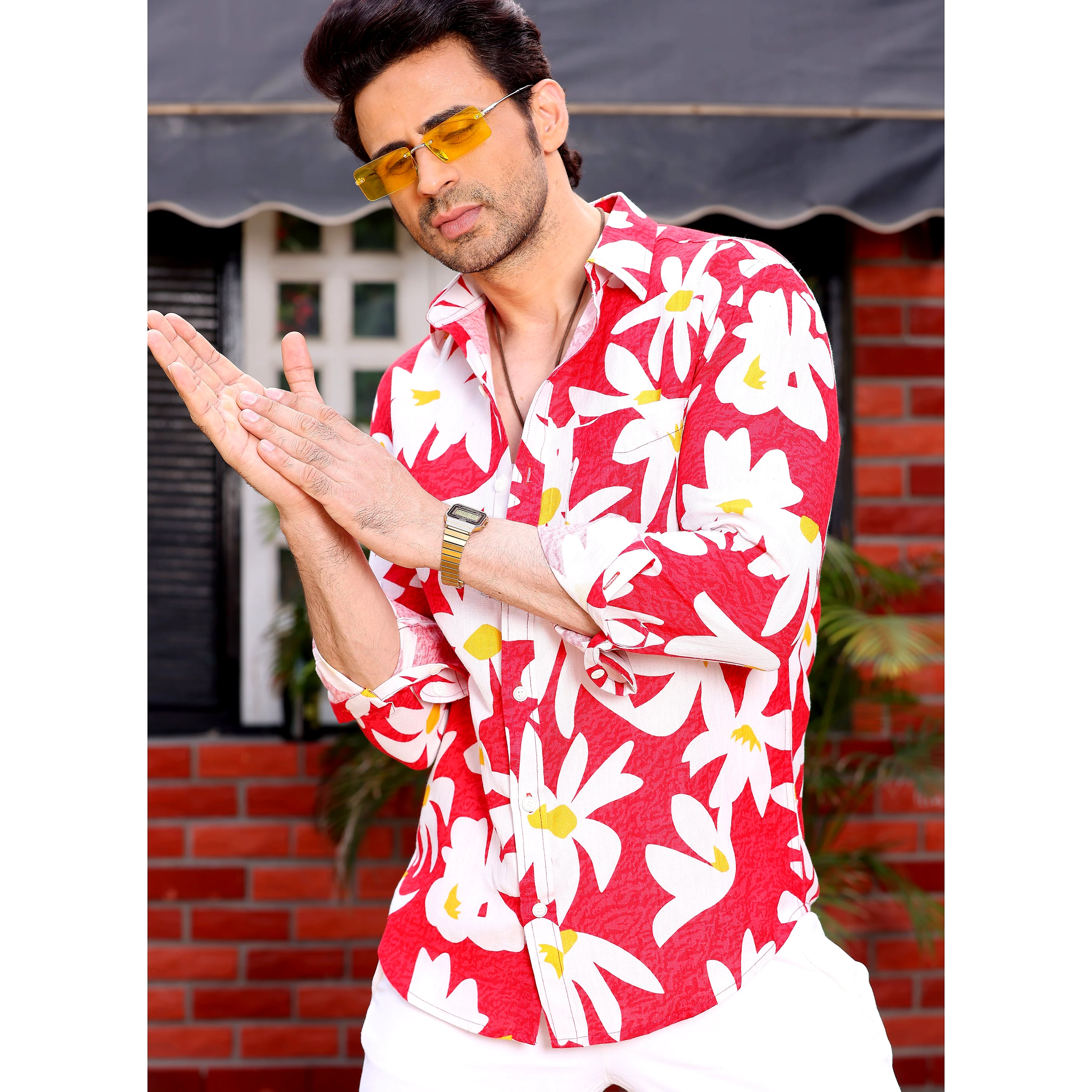 Lily Flower Red Casual Pure Linen Full Shirt (Size - XXL) by BLUE EAGLE view 2