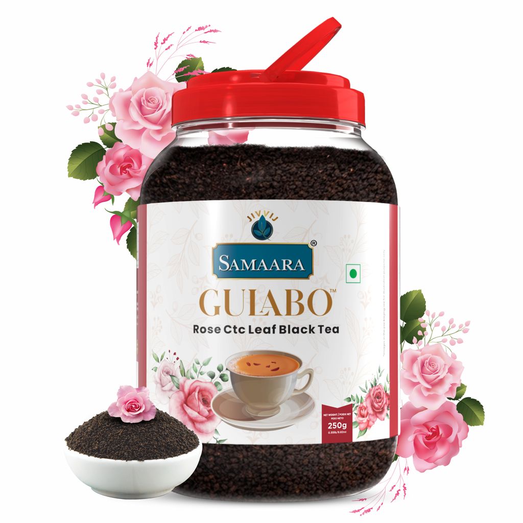 Jivvij Samaara Rose Black Tea | Flavoured CTC Assam Black Leaf Tea | Gulab Chai Patti Powder | Gulabo Jar