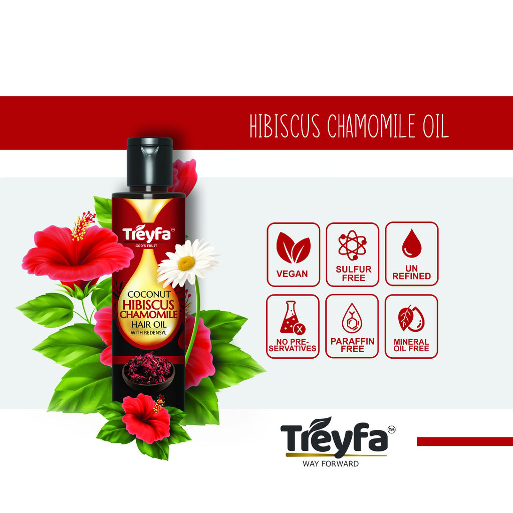 Treyfa Coconut Hibiscus chamomile hair oil for hair deep conditioning, hair nourishment and intense hair care view 2