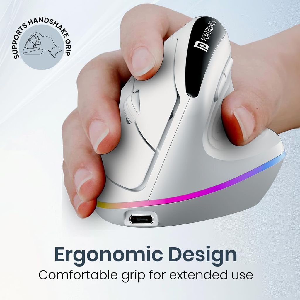 Portronics Toad Ergo 3 Ergonomic Wireless Mouse with RGB, 2400 DPI, Dual Mode BT & 2.4GHz Connectivity, Rechargeable Battery, 6 Buttons, Adjustable DPI, Silent Clicks view 2