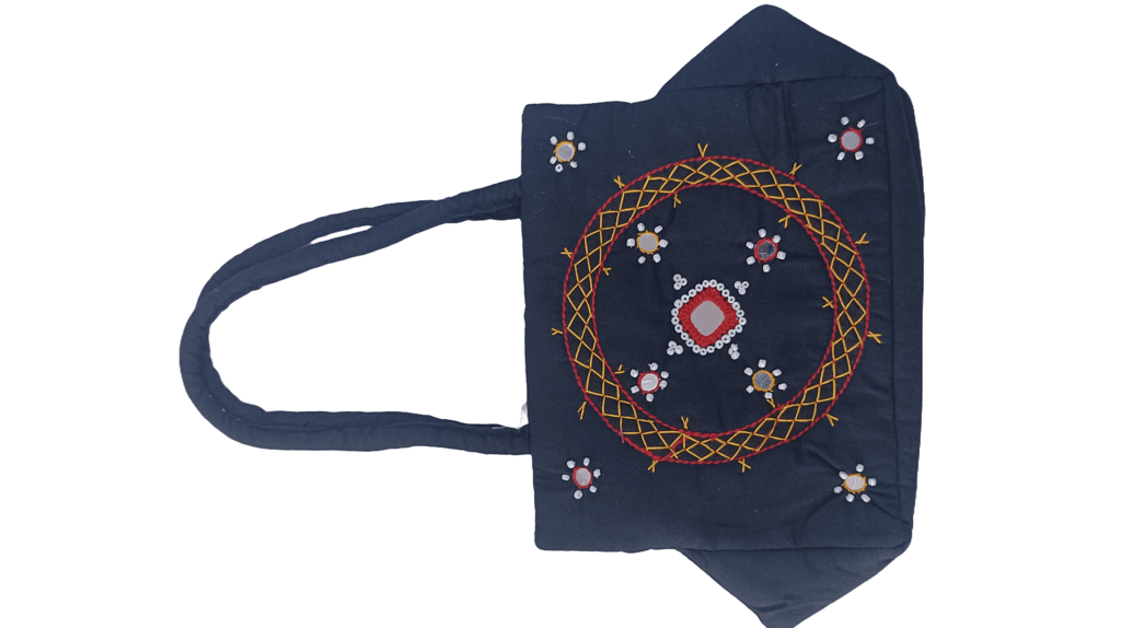 Embroidered Cotton Sling Bag with Mirror Work and Red Accents view 2