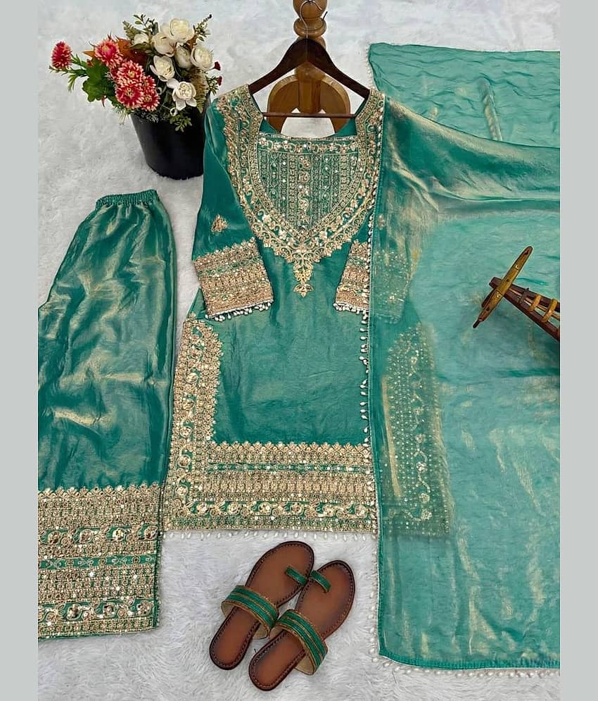 BHAGYASHRAY Women Silk Embroidered Ethnic Motifs Kurti With Patiala Salwar ( Sea Green )