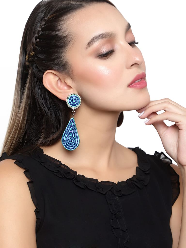 Cardinal Blue & Black Oxidized Beads Weaving Geometric Design Earrings view 2