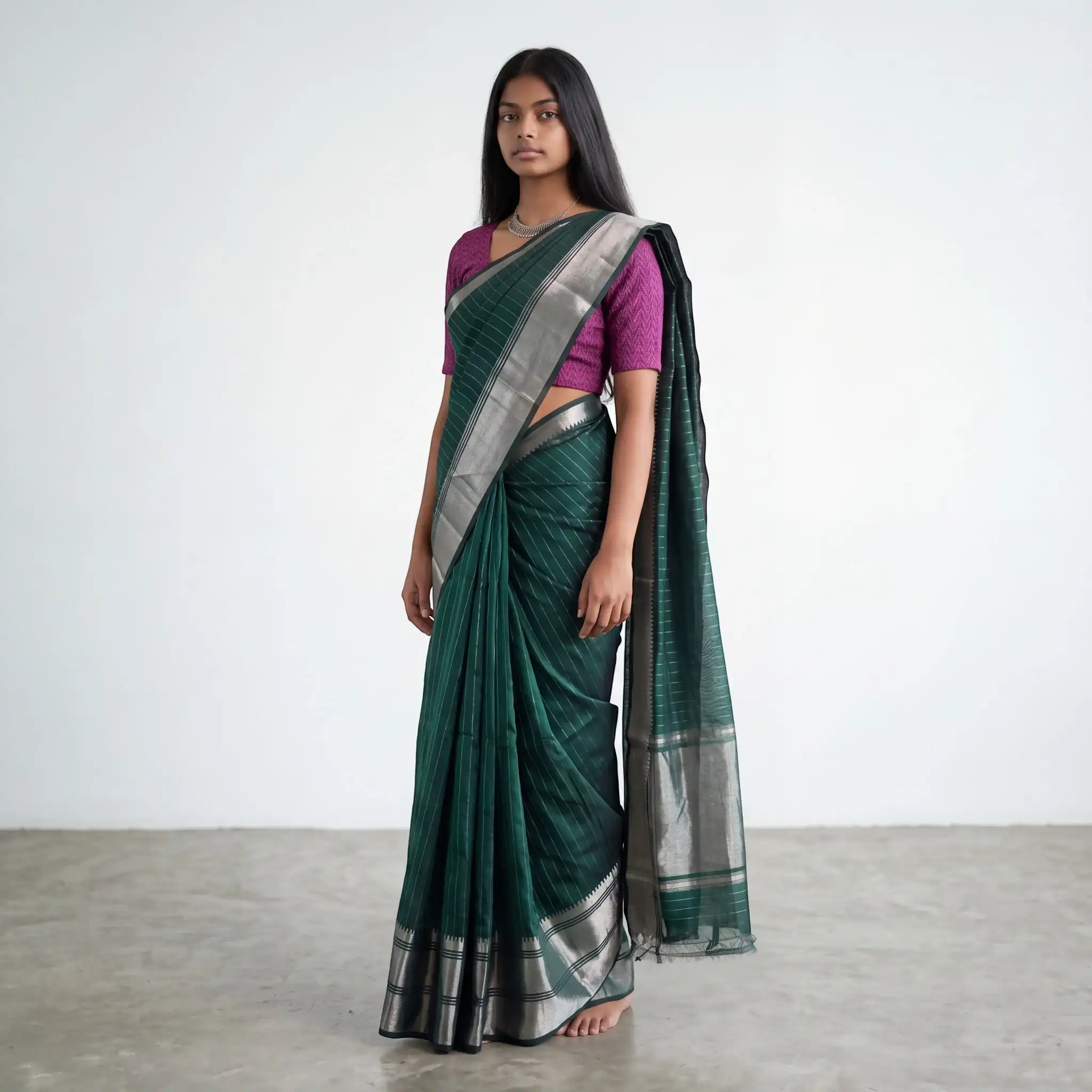 Mangalgiri Bottle Green Silk Cotton Saree Zari Stripes view 2