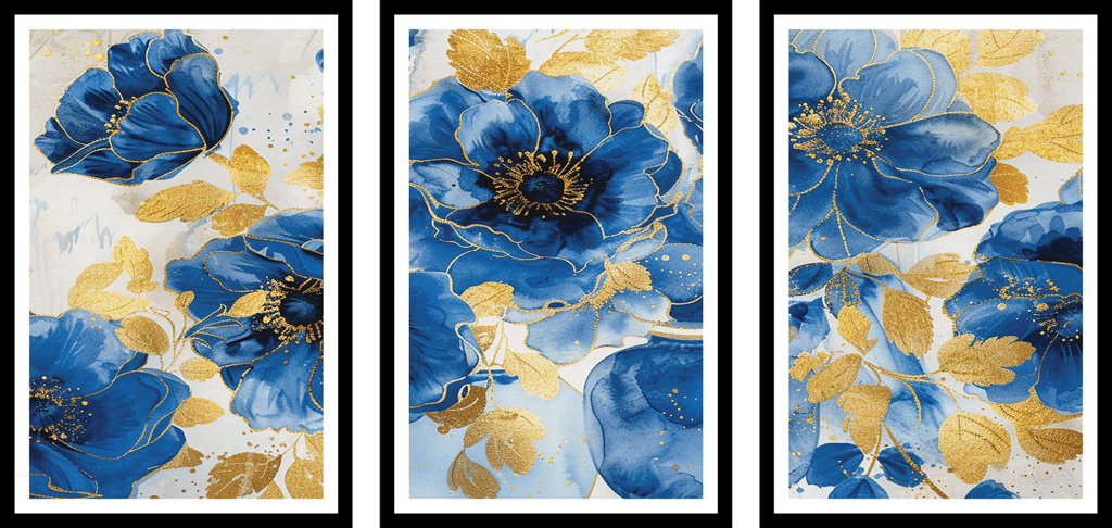 SET OF 3 BLUE AND GOLD WALLART 48in X 24in WITH BLACK FRAME view 2