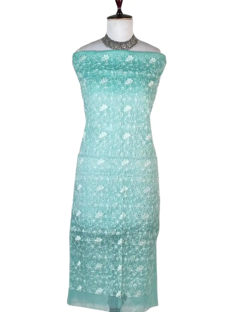 Kota Doria Dress Material Teal Green Floral Jaal view 2