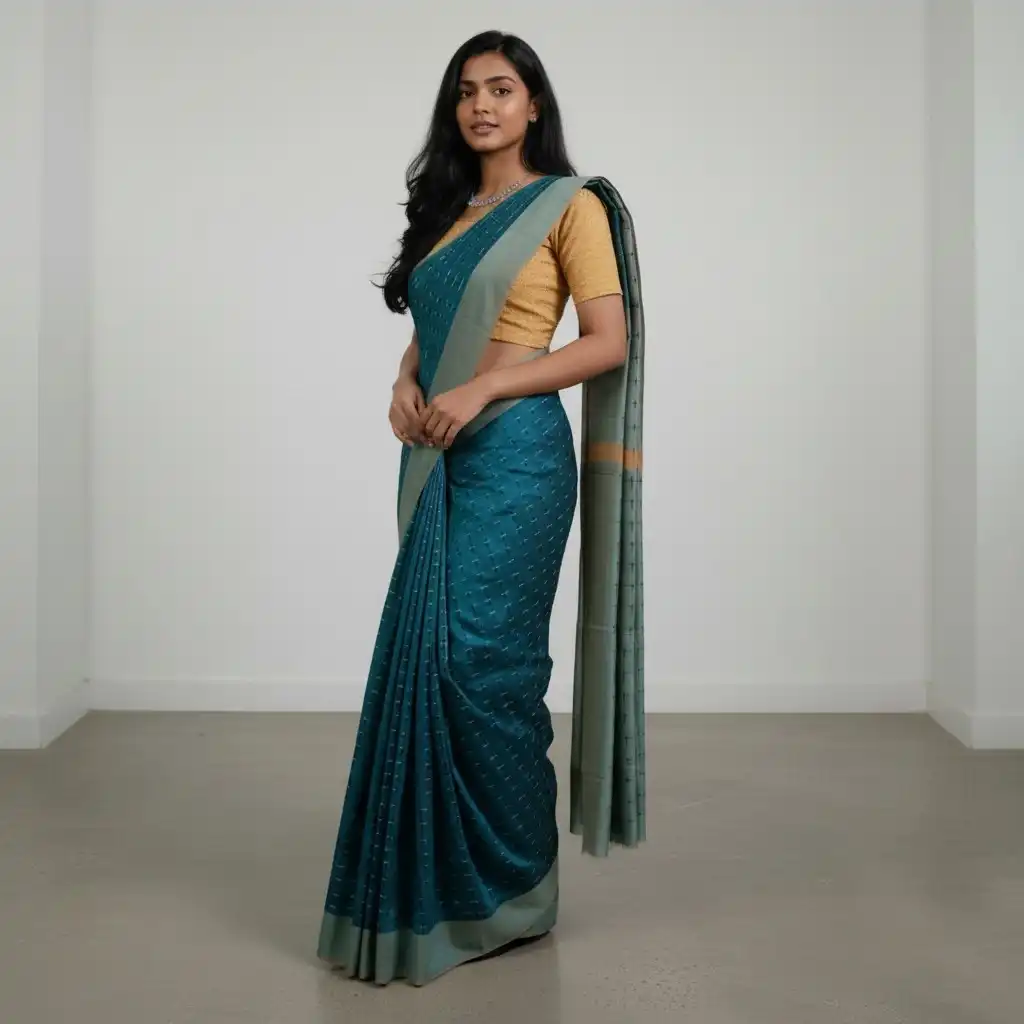 Teal Blue Pochampally Double Ikat Cotton Saree with Temple Border view 2