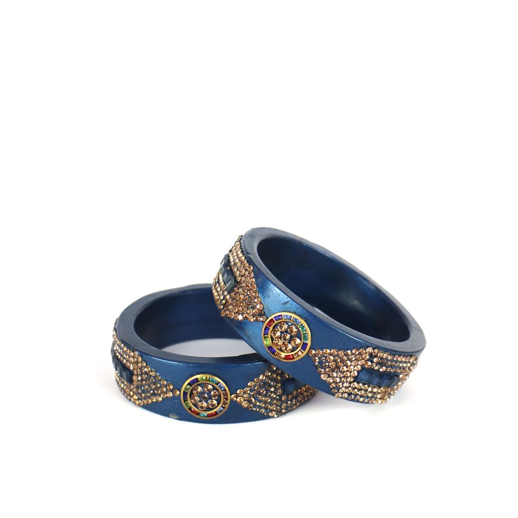FHS Crystal Work Rajasthani Lac Bangles - Blue (piece 2) view 2