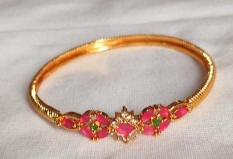 Gold Plated Pink & Green Stone Bangle Set view 2