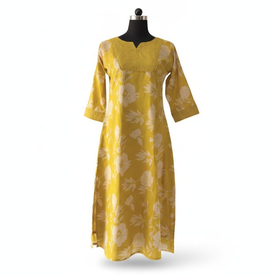 Yellow Floral Printed Cotton Kurti view 2