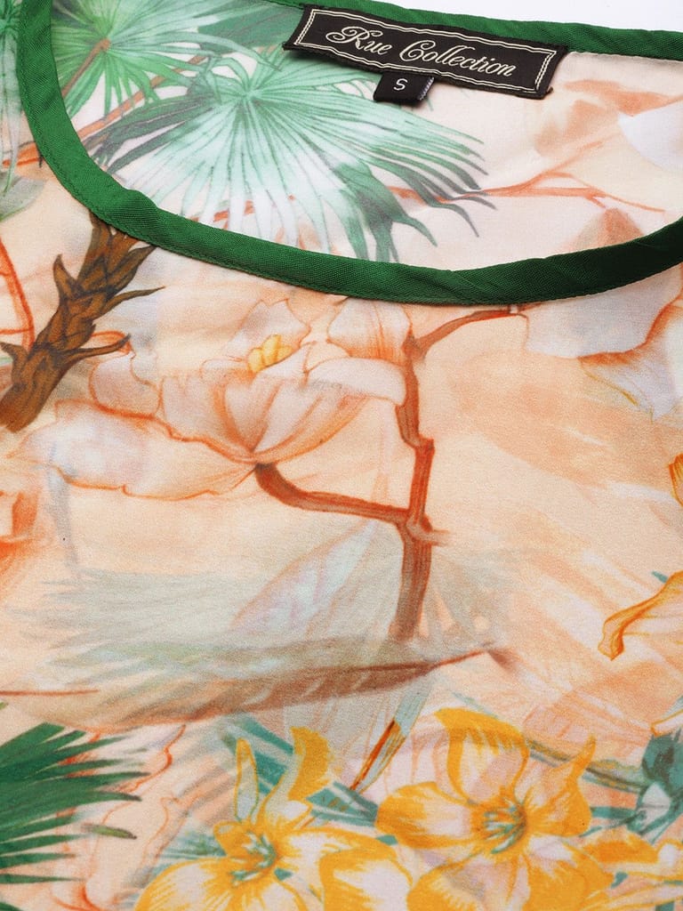 Women Peach Coloured & Green Floral Print Cover-Up Kaftan Dress view 2