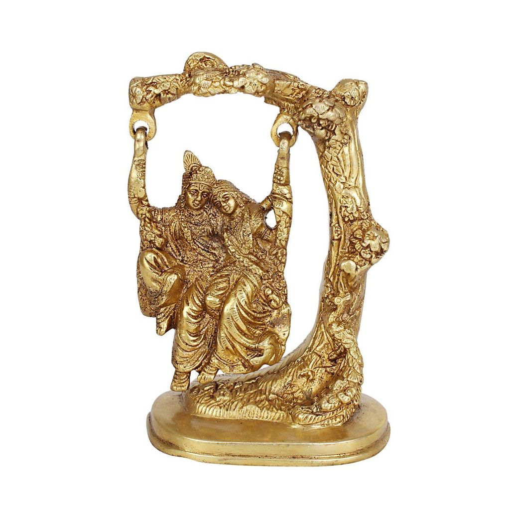 ARTVARKO Brass Gold Murti Radha Krishna Couple Idol Statue Swinging Jhula Under Tree for Home Decor Living Room Pooja Mandir Gift Item Height 6.5 Inch view 2
