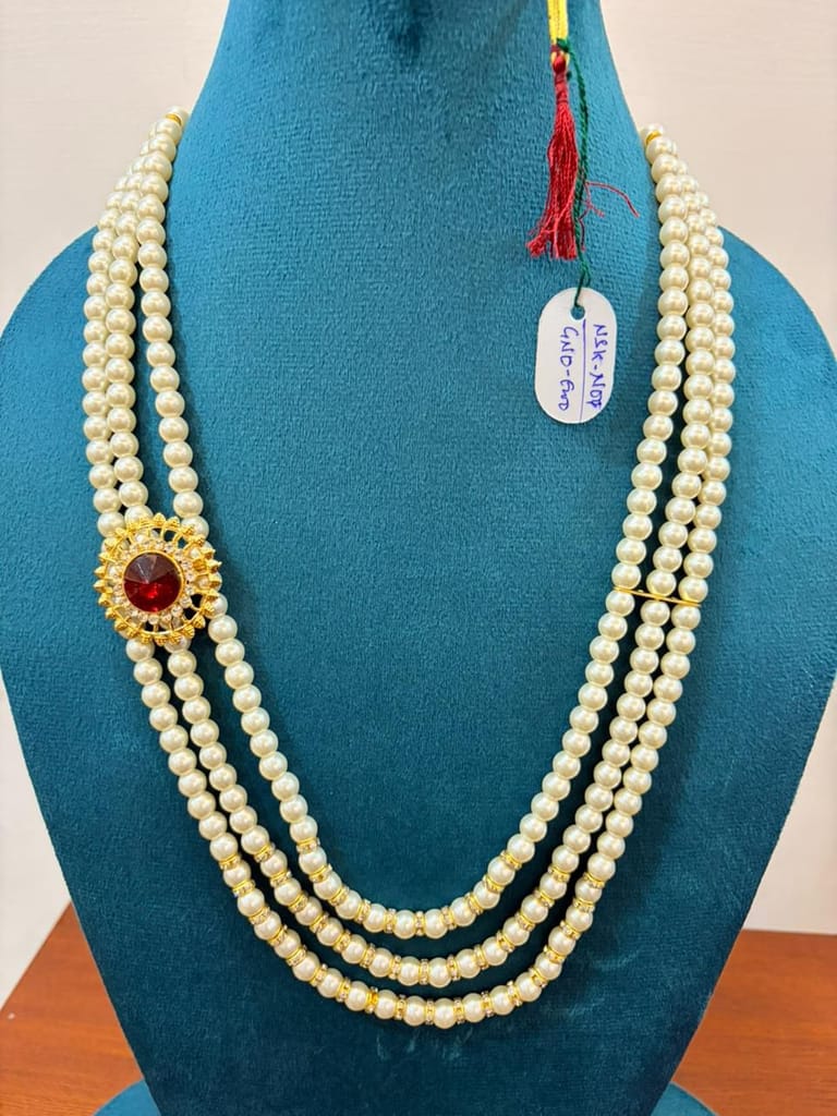 3 line white pearl necklace with red stone for grrom and party waer view 2